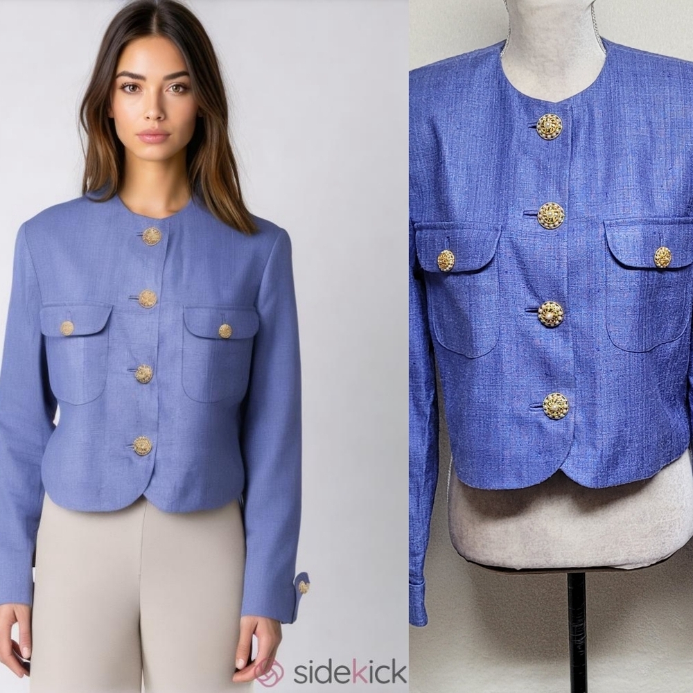 Doncaster Vintage 80s Custom Cornflower Blue Pearl Button Cropped Blazer Jacket
